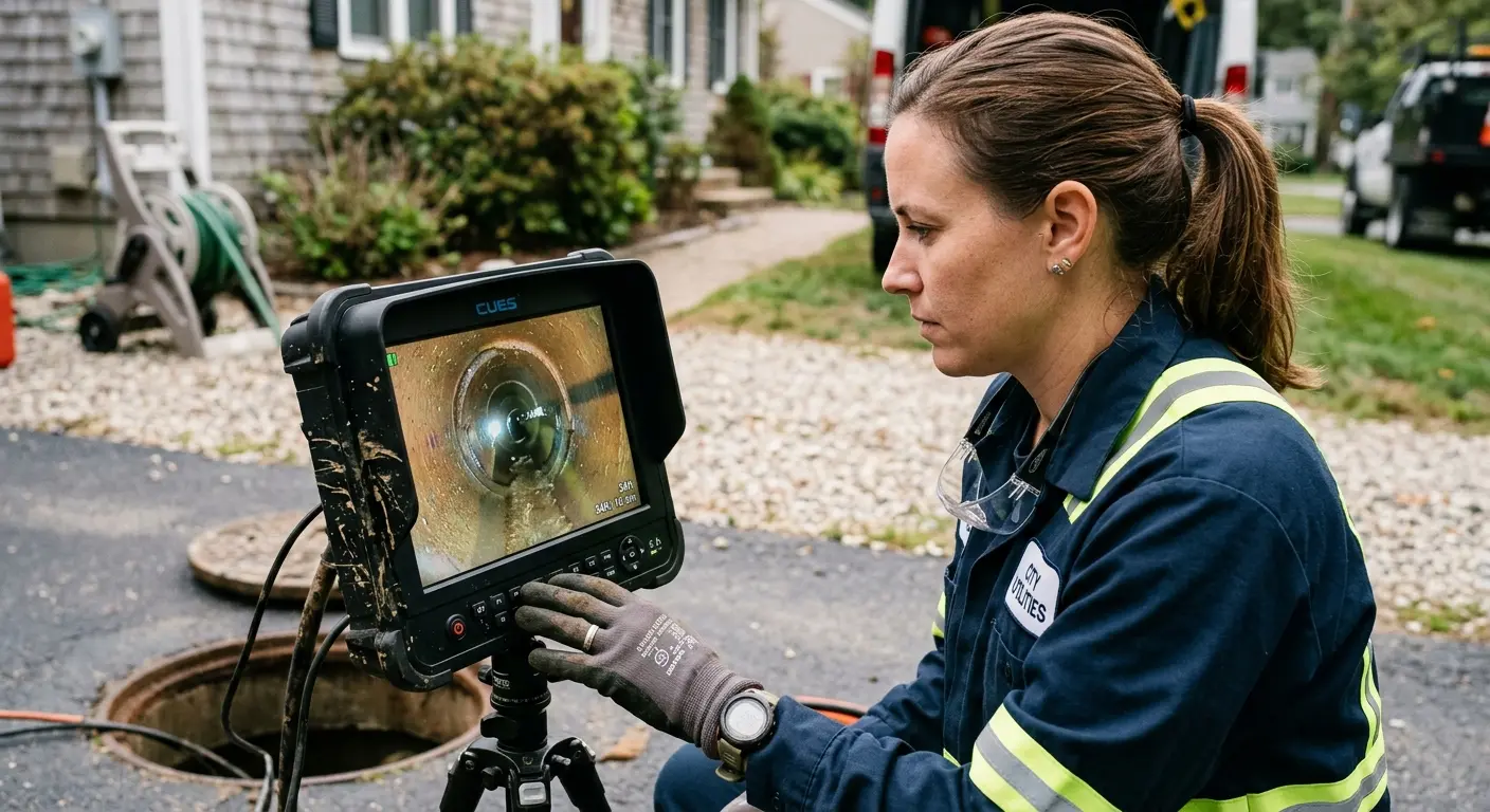 Technician reviewing sewer camera inspection footage in Los Angeles