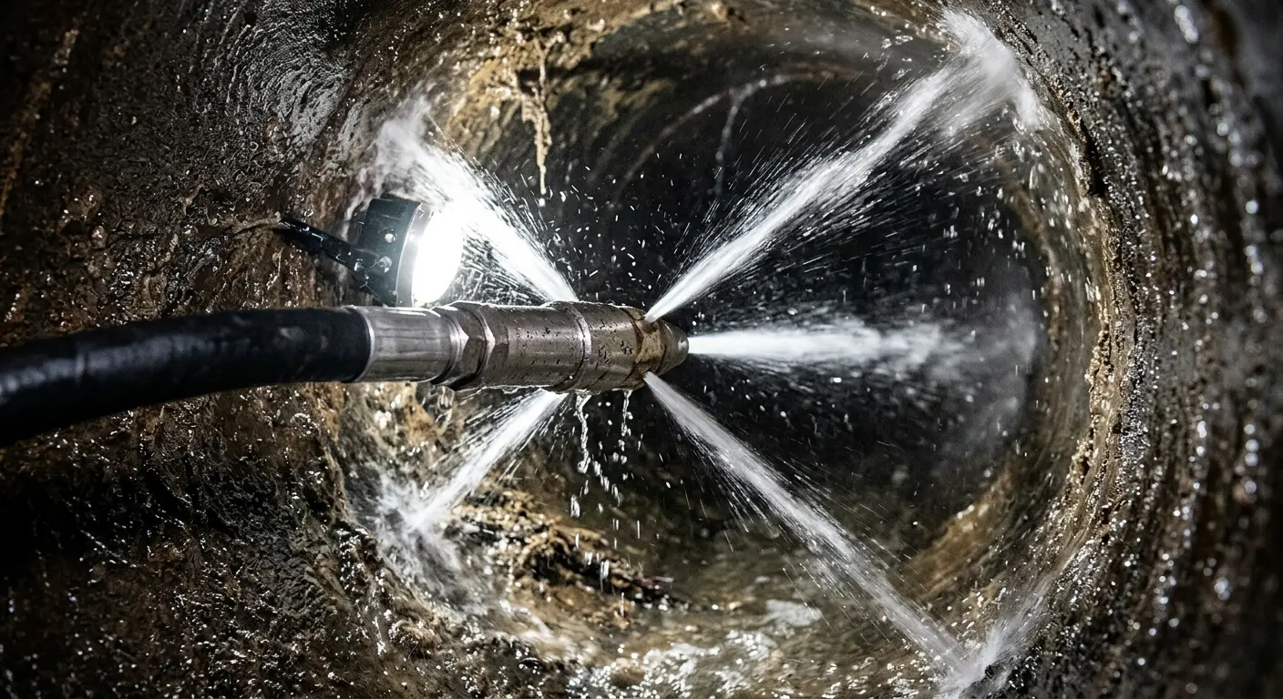 High-pressure hydro jetting nozzle cleaning sewer pipe for Trenchless Sewer Repair in Los Angeles