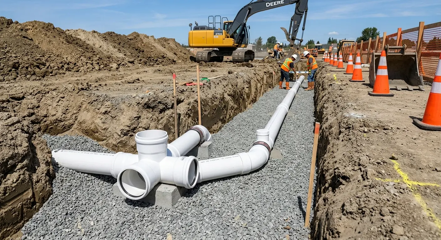 New PVC sewer pipe installation in open trench for Grease Trap Cleaning in Los Angeles