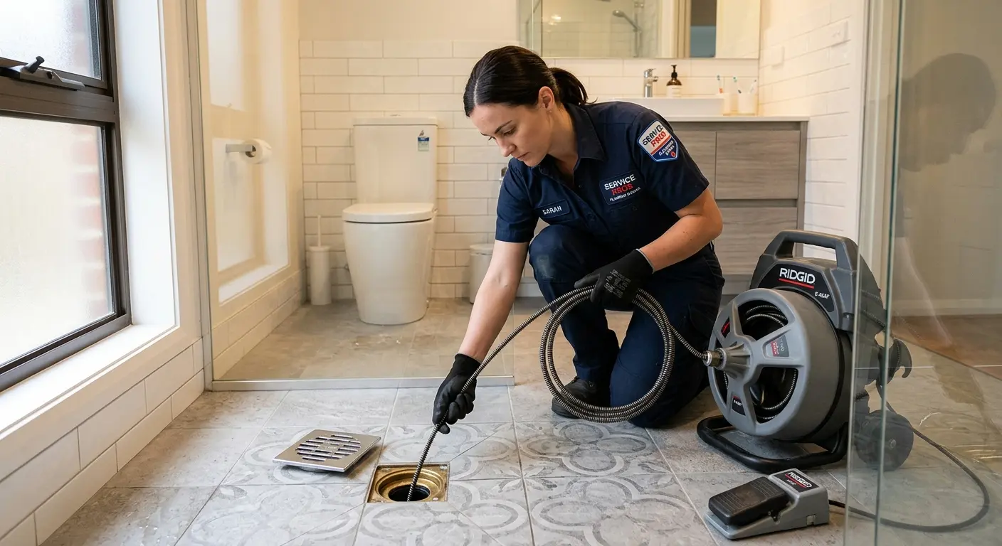 Technician clearing a bathroom floor drain for Drain Repair in Los Angeles